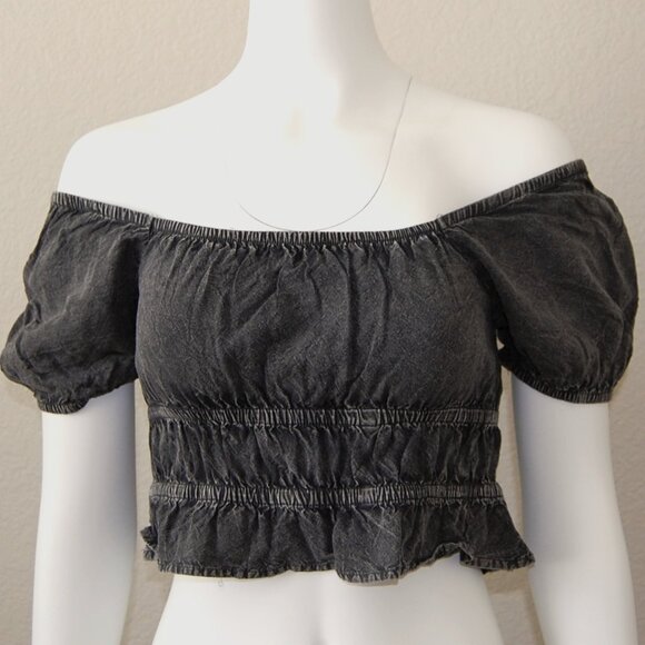 Rebellion Again, Size M, Rayon Crop Top, Strappy Back Off Shoulder, Gray - Picture 4 of 15